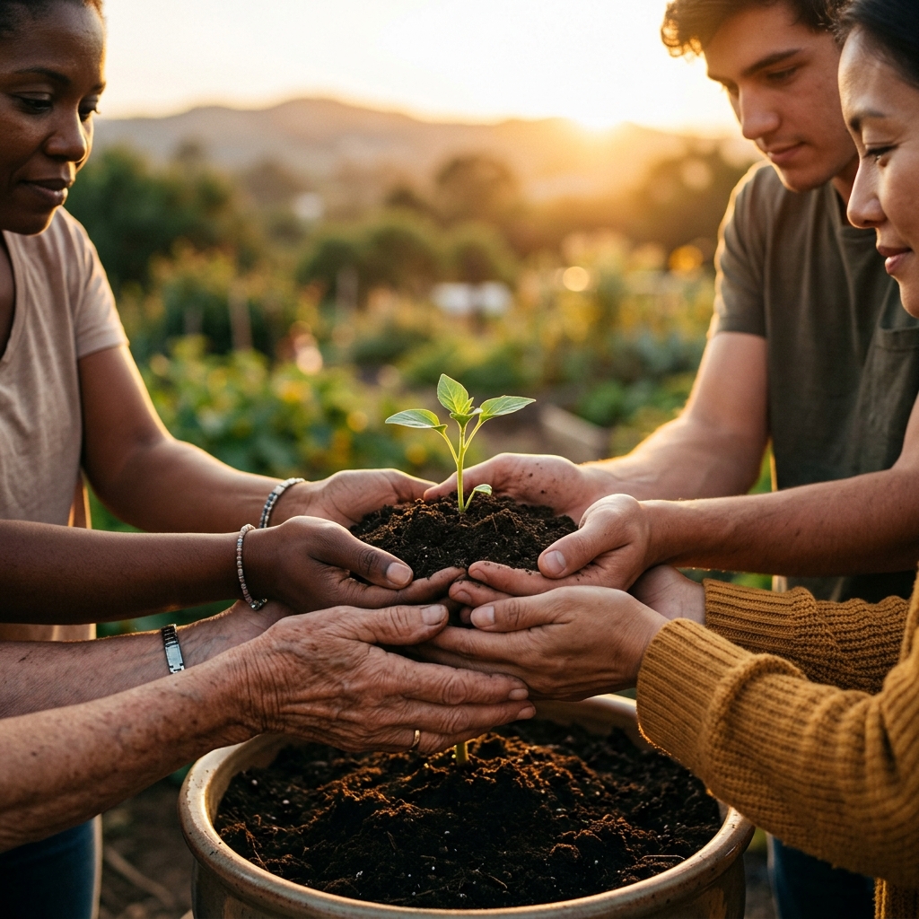 Diverse hands holding a young growing plant in warm golden light
